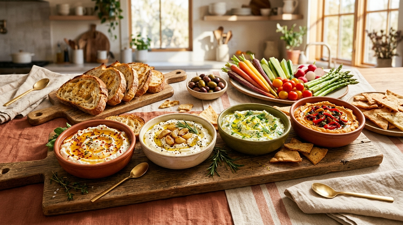 Beautiful whipped feta dip recipe spread with hot honey, herbs, roasted garlic, vegetables, and toasted bread styled for a Pinterest-inspired Mediterranean appetizer table.