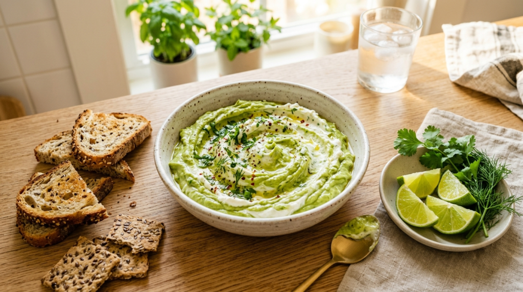 Creamy avocado whipped feta dip with lime, herbs, and fresh brunch styling in a bright modern kitchen.