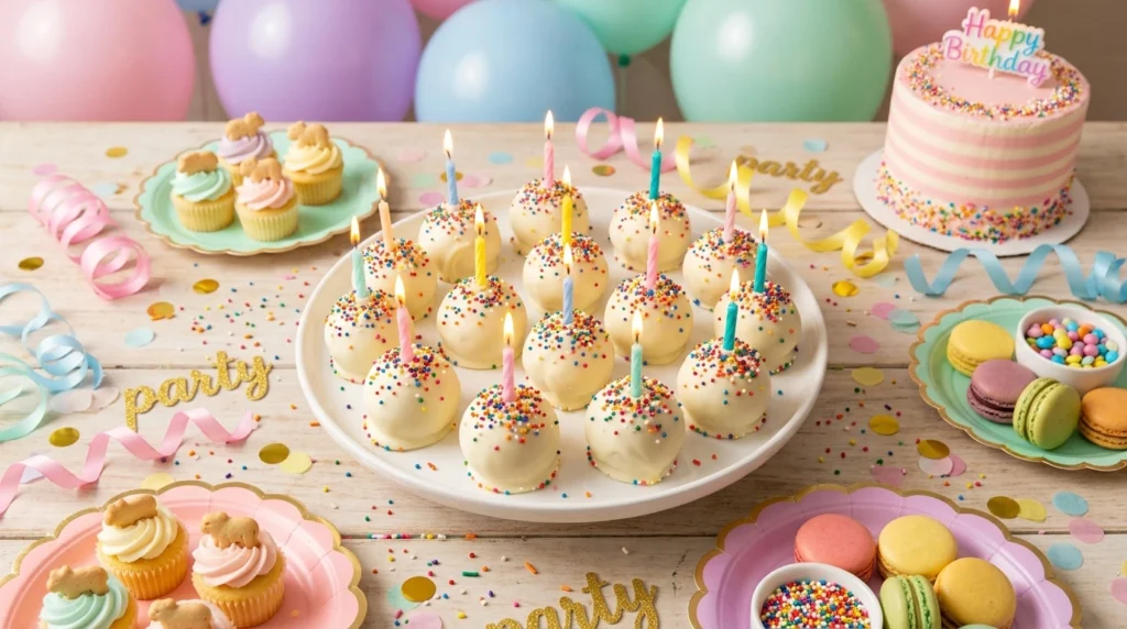 Birthday cake circus animal truffles with colorful sprinkles and party-style decorations