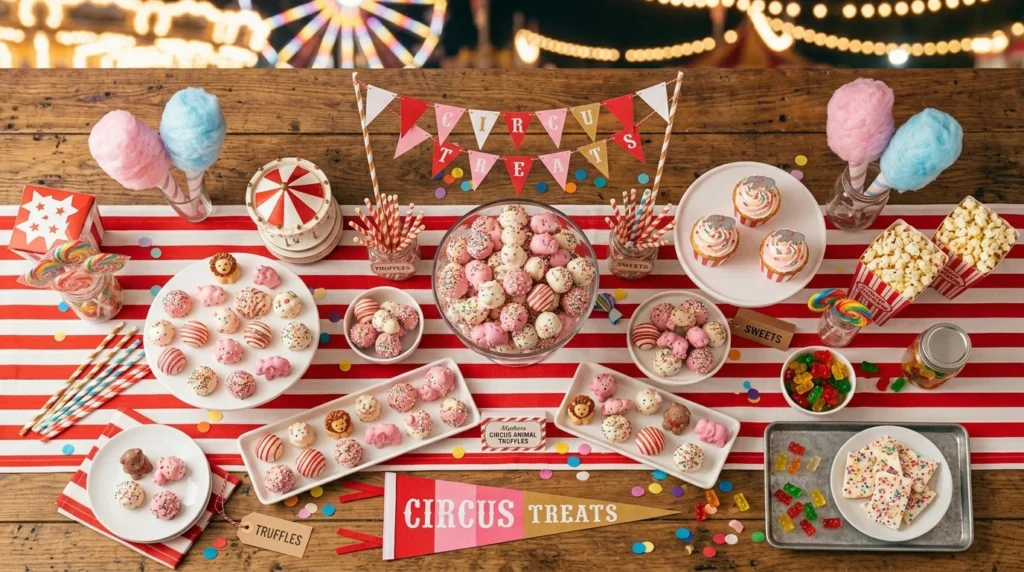 Carnival-themed circus animal truffles with colorful fairground-inspired decorations