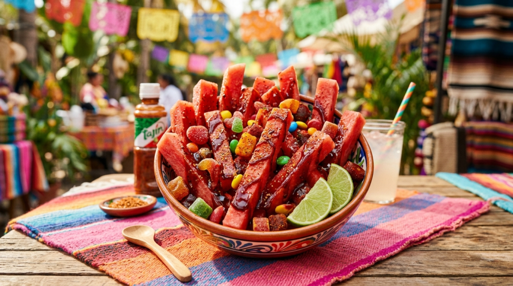 Chamoy watermelon fries with tajin seasoning and glossy red sauce styled for a summer snack board