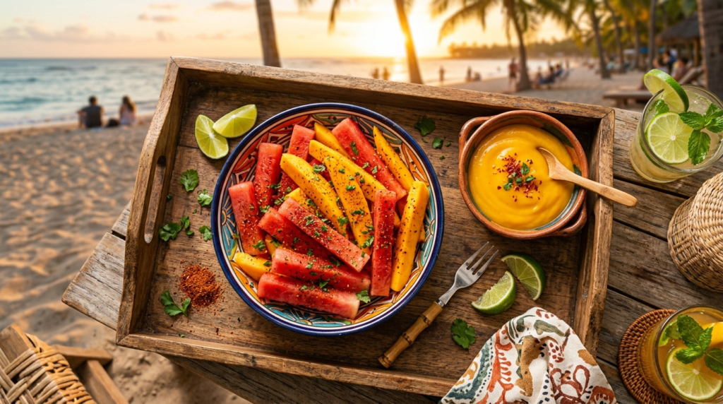 Chili mango watermelon fries served with creamy mango dipping sauce and tropical fruit styling