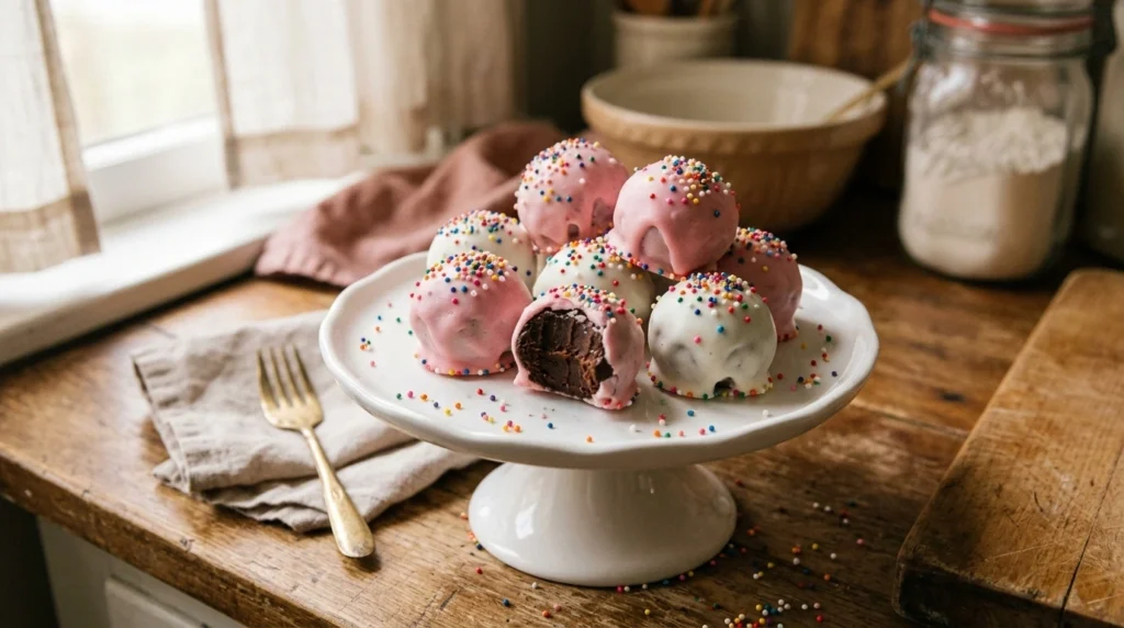 Pink frosted circus animal truffles with rainbow sprinkles on a pastel dessert table