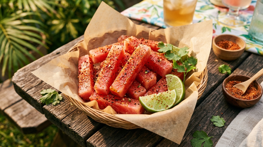 Classic tajin spicy watermelon fries served with lime wedges on a rustic summer picnic table