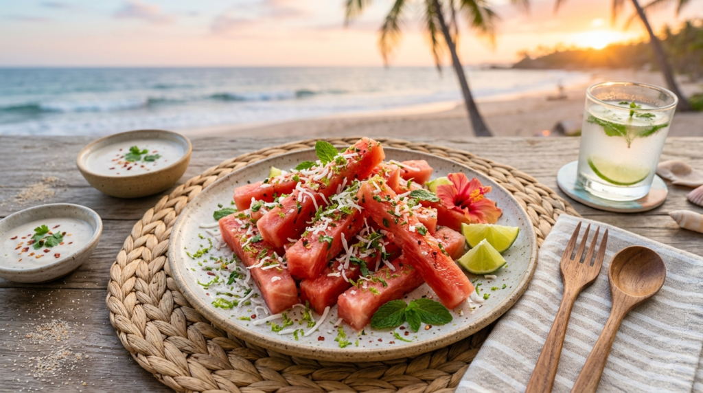 Coconut lime watermelon fries with tropical styling and shredded coconut topping