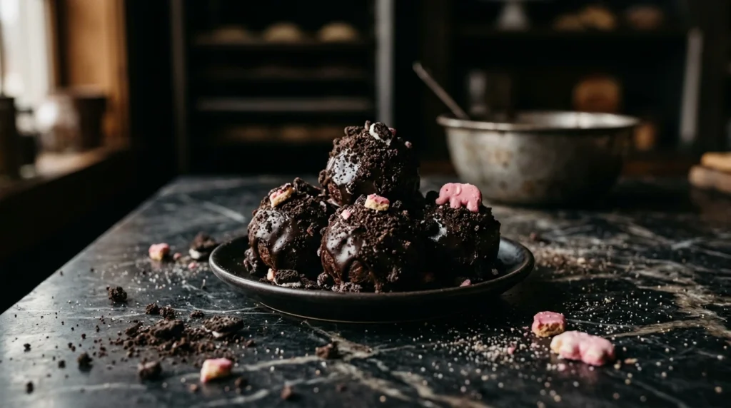 Cookies and cream circus animal truffles topped with chocolate cookie crumbs