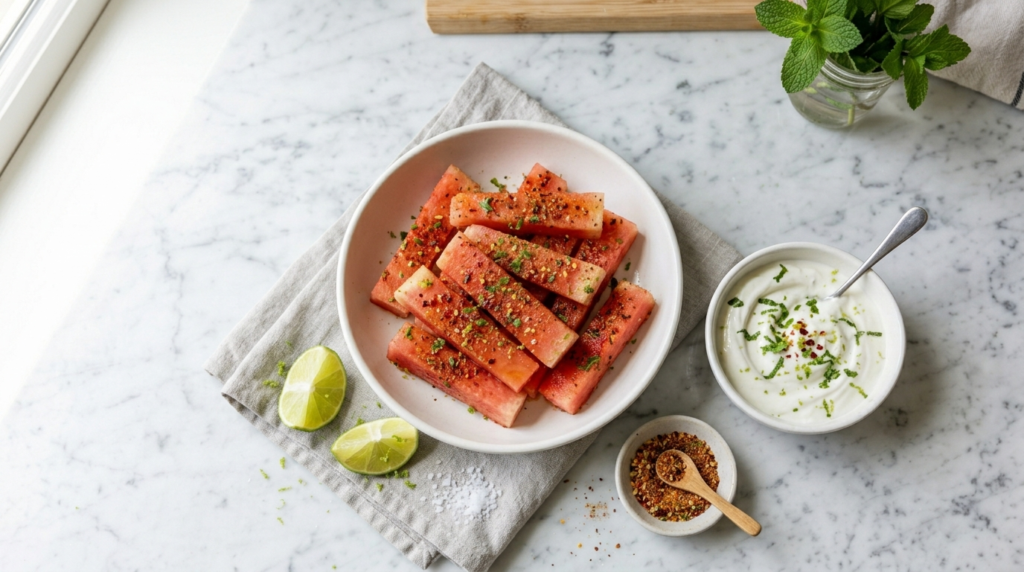 Spicy watermelon fries with creamy yogurt dipping sauce and fresh lime garnish