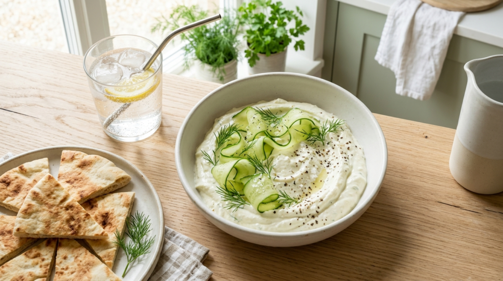 Light cucumber dill whipped feta dip styled with fresh vegetables and airy brunch-inspired aesthetics.