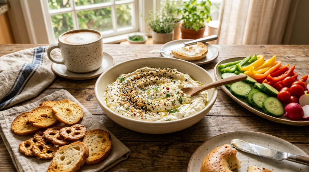 Whipped feta dip topped with everything bagel seasoning and served with crunchy bagel chips for cozy brunch vibes.