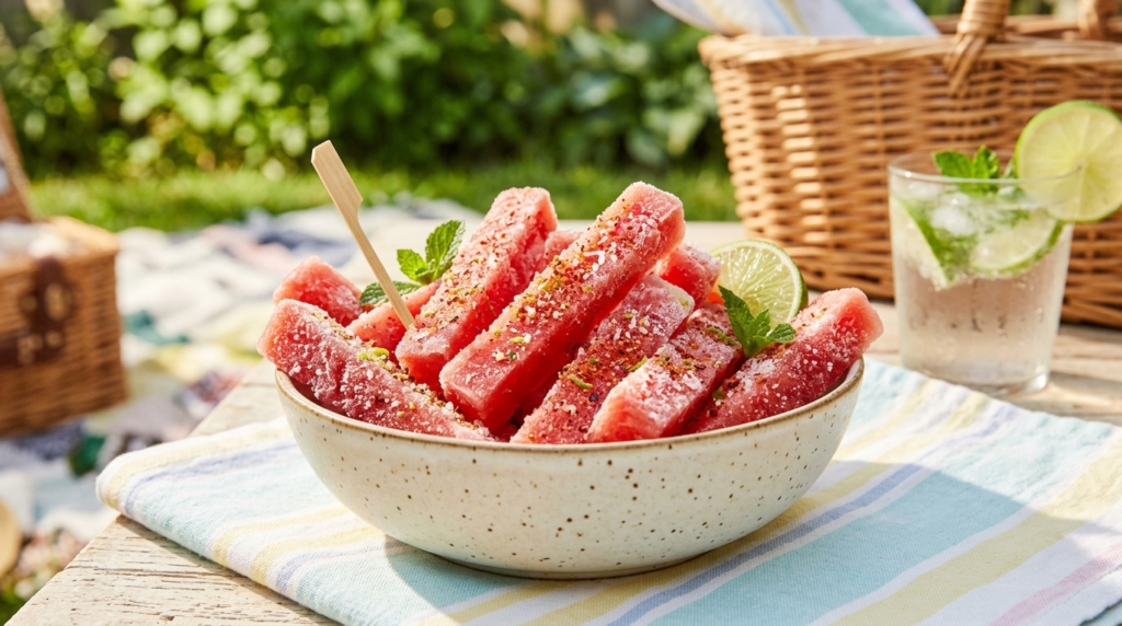 Frozen spicy watermelon fries with icy texture and tajin seasoning for refreshing summer snacks