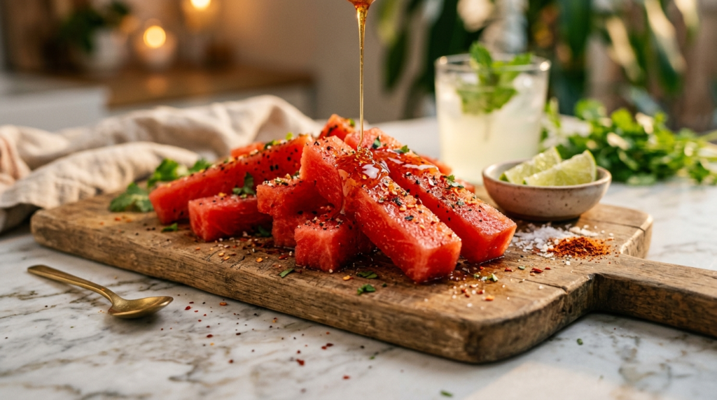 Hot honey watermelon fries drizzled with spicy honey and chili flakes in warm lighting