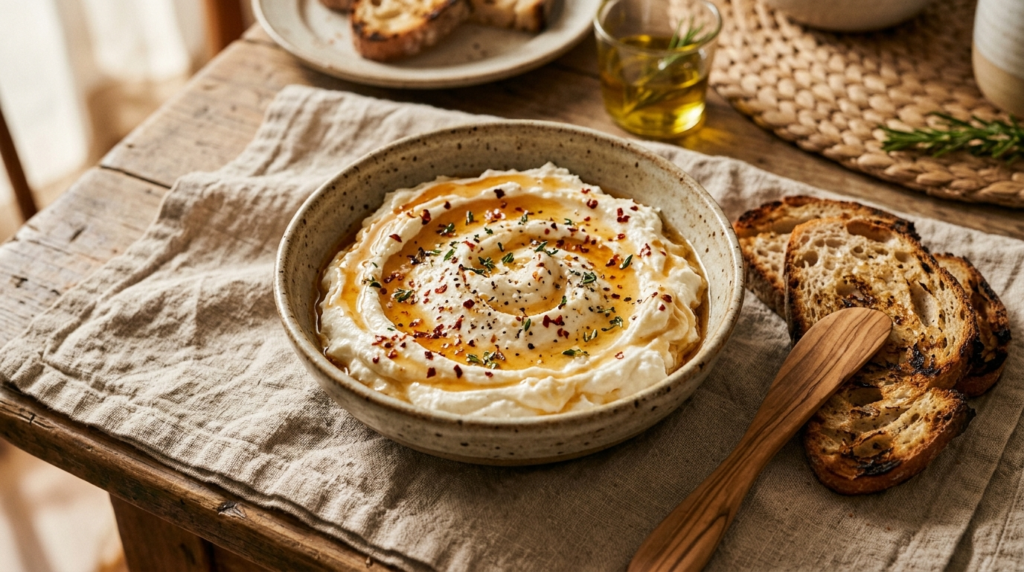 Creamy whipped feta dip topped with hot honey drizzle, chili flakes, and toasted bread on a rustic Mediterranean table.