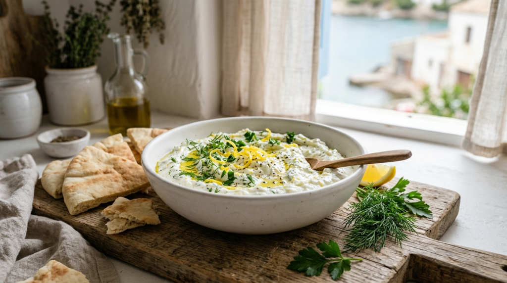 Fresh whipped feta dip with lemon zest, dill, parsley, and warm pita bread in a bright coastal kitchen setting.