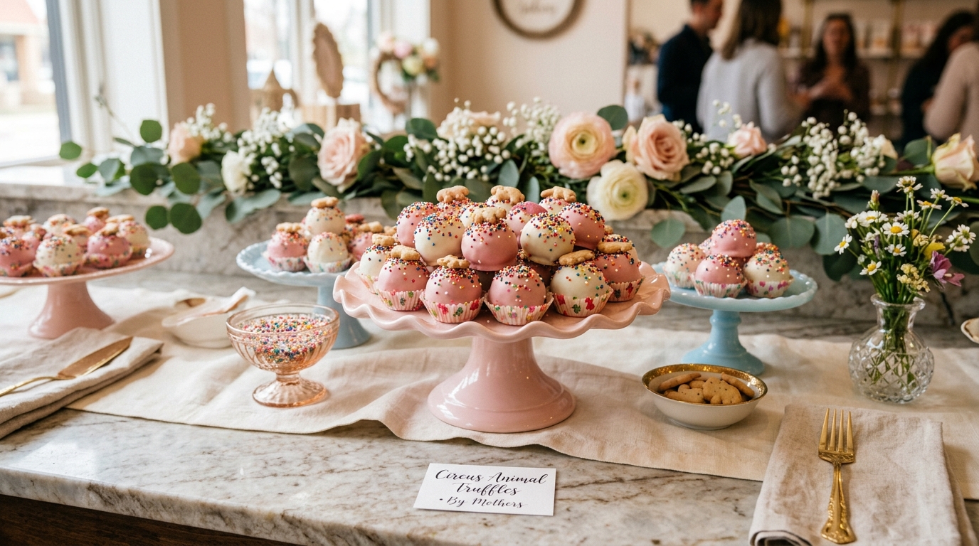 Colorful Mothers Circus Animal Truffles with pastel frosting and rainbow sprinkles on a Pinterest-style dessert table