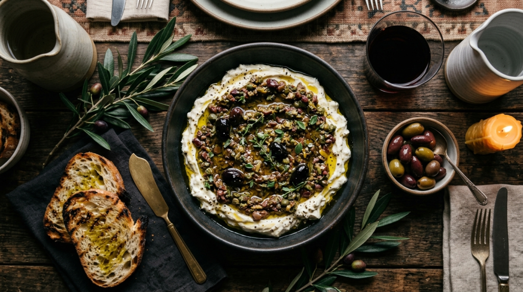 Creamy whipped feta topped with olive tapenade, herbs, and crusty bread for an elegant Mediterranean appetizer.