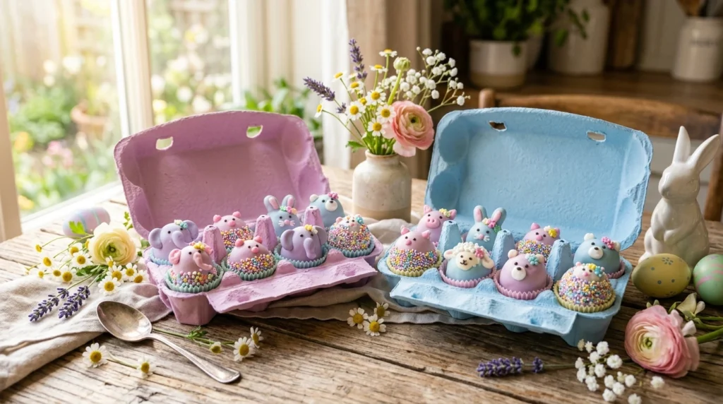 Pastel Easter circus animal truffles in soft spring colors with festive decorations
