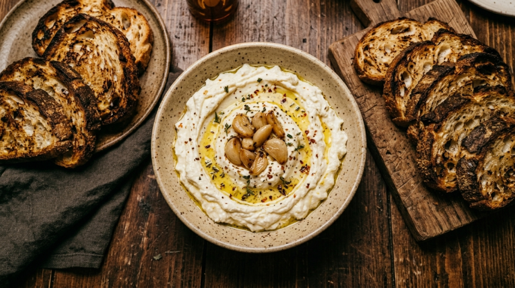Silky roasted garlic whipped feta dip served with artisan bread and cozy candlelit dinner styling.