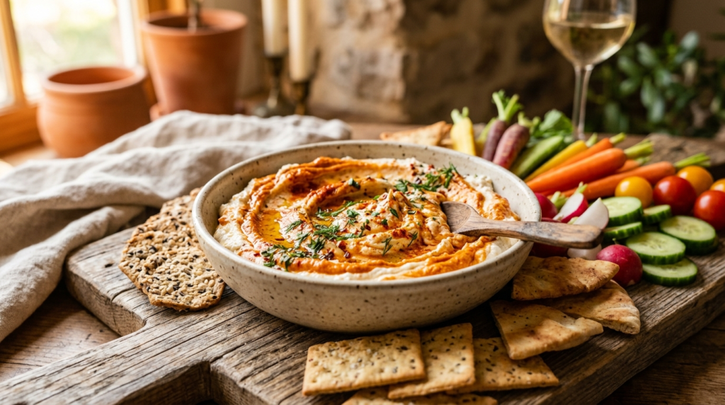 Smooth roasted red pepper whipped feta dip served with crackers and colorful vegetables in warm natural lighting.
