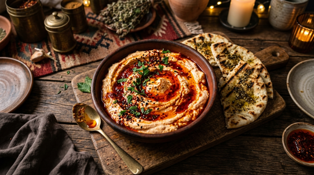 Bold harissa whipped feta dip with smoky chili swirls and grilled flatbread in a warm Mediterranean atmosphere.