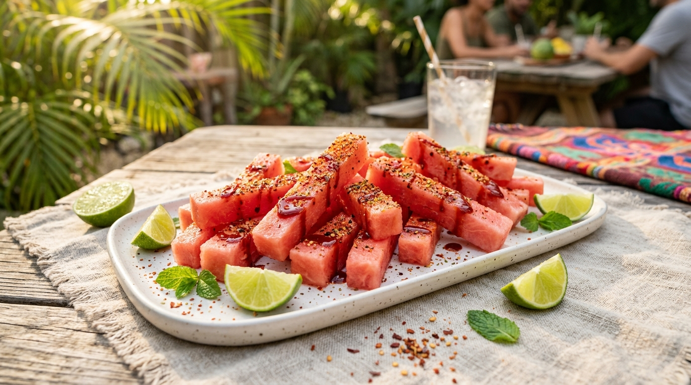Colorful spicy watermelon fries recipe served with tajin seasoning, lime wedges, and summer party styling