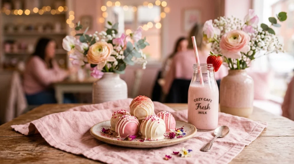 Strawberry milkshake circus animal truffles with creamy pink coating and vintage aesthetic