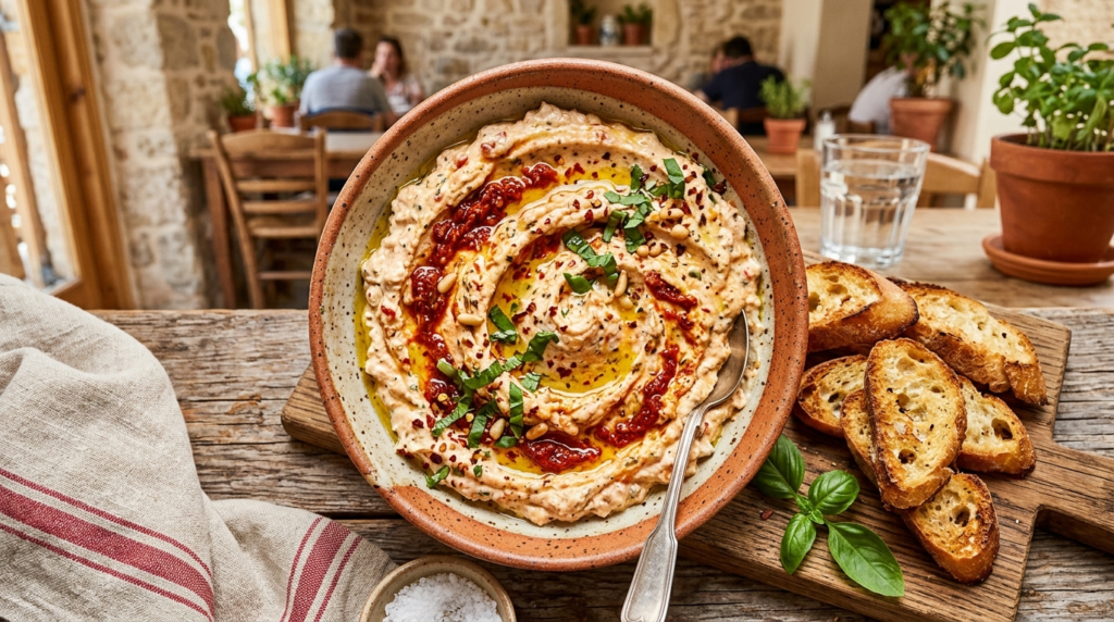 Rich whipped feta dip blended with sun-dried tomatoes, basil, and olive oil on a rustic serving board.
