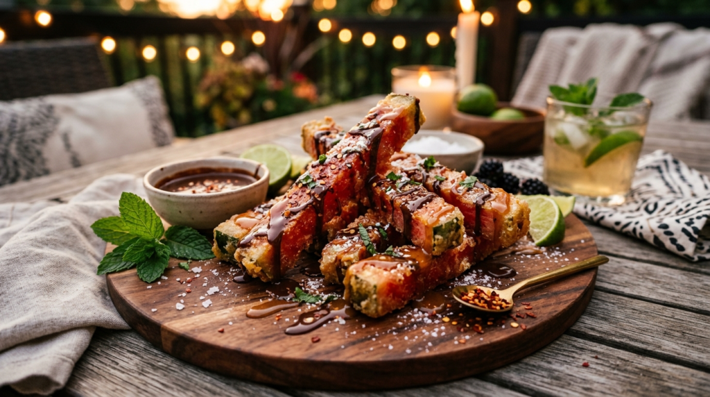 Sweet and spicy dessert watermelon fries drizzled with chocolate and chili flakes on a dessert board