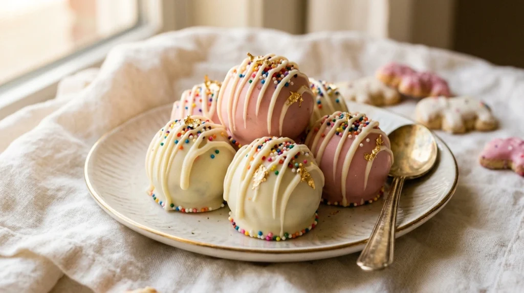 Circus animal truffles with glossy white chocolate drizzle and elegant dessert styling