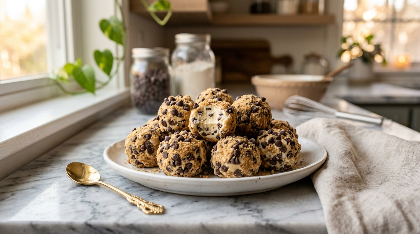 Creamy chocolate chip cheesecake balls styled on a ceramic dessert plate with warm cozy kitchen lighting and rich homemade dessert aesthetic