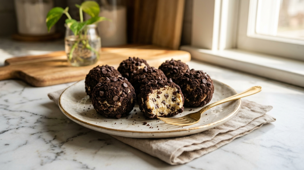 Creamy chocolate chip cheesecake balls served on a white dessert plate with rich chocolate chips and soft bakery-style presentation