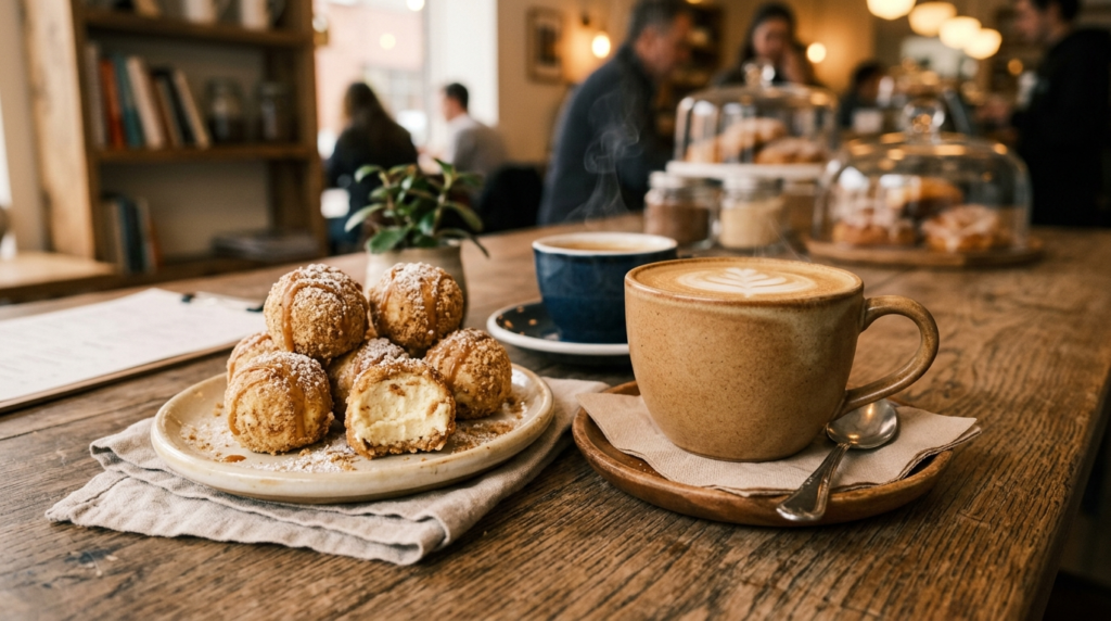 Cozy bakery style cheesecake treats served beside coffee mugs with warm café lighting and homemade dessert aesthetic