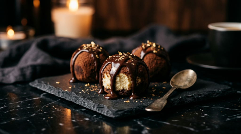 Dark chocolate drizzle cheesecake truffles with glossy topping and rich creamy filling in a luxury dessert setup