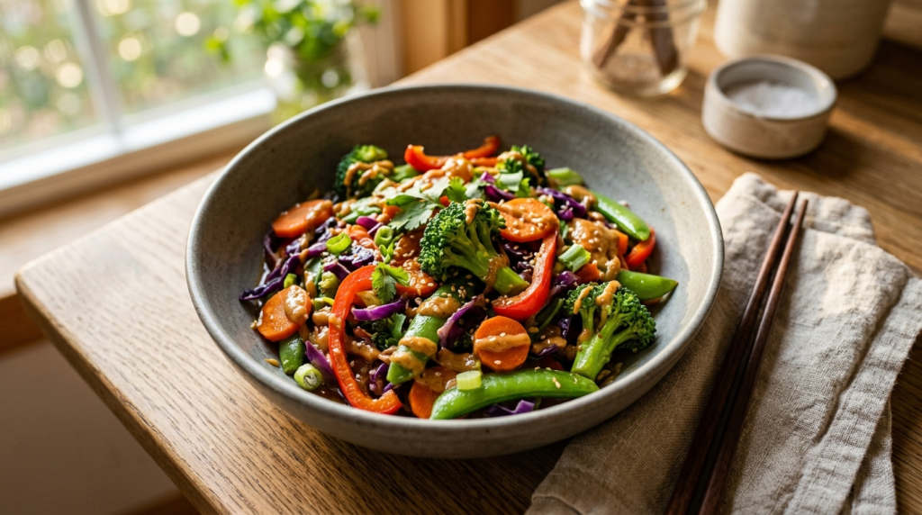 Healthy veggie stir fry with peanut sauce served in a ceramic bowl with broccoli, carrots, red peppers, cabbage, and snap peas in warm natural lighting