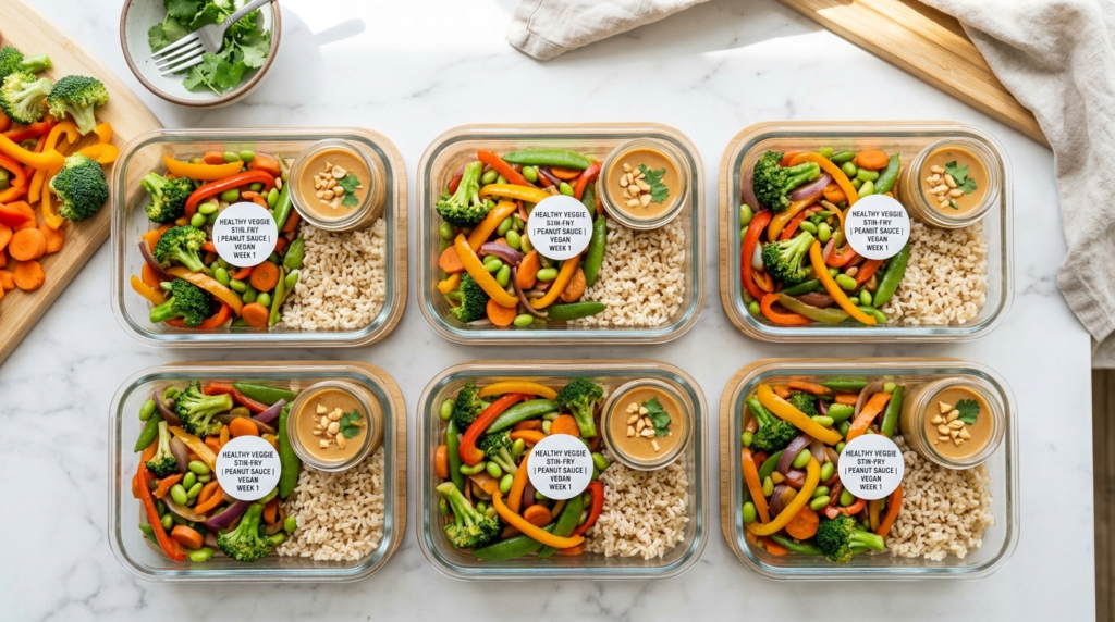Healthy veggie stir fry meal prep containers with colorful vegetables, brown rice, and peanut sauce jars on marble countertop