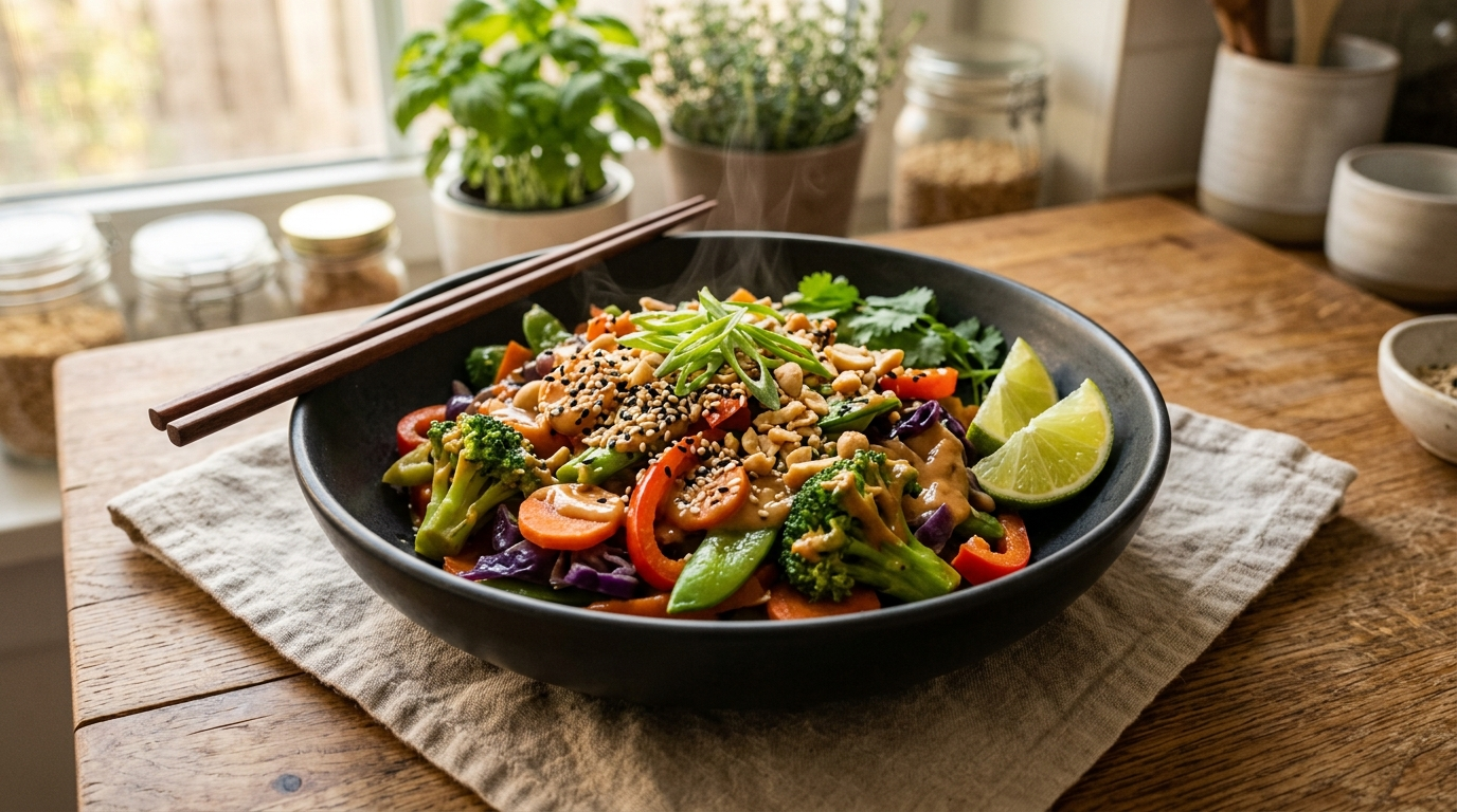 Healthy veggie stir fry with creamy peanut sauce served in a cozy ceramic bowl with colorful vegetables and modern Pinterest-style dinner aesthetic