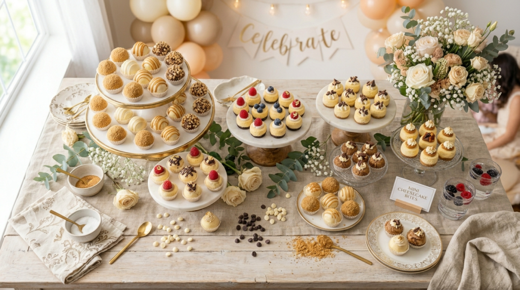 Mini cheesecake dessert balls displayed on an elegant party table with soft pastel styling and Pinterest-inspired decor