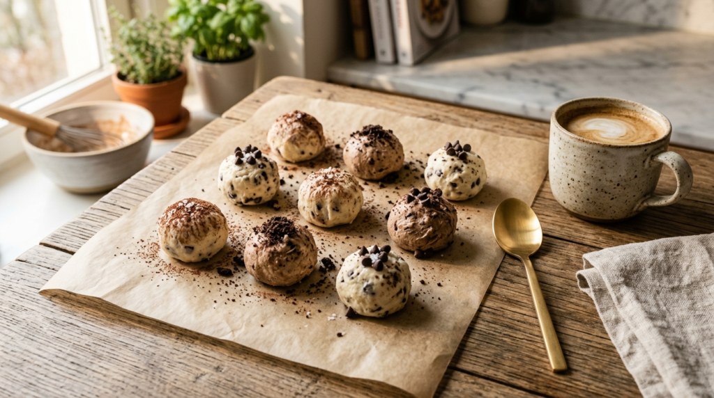 No bake chocolate chip cheesecake bites styled on parchment paper with cozy kitchen lighting and creamy cheesecake texture