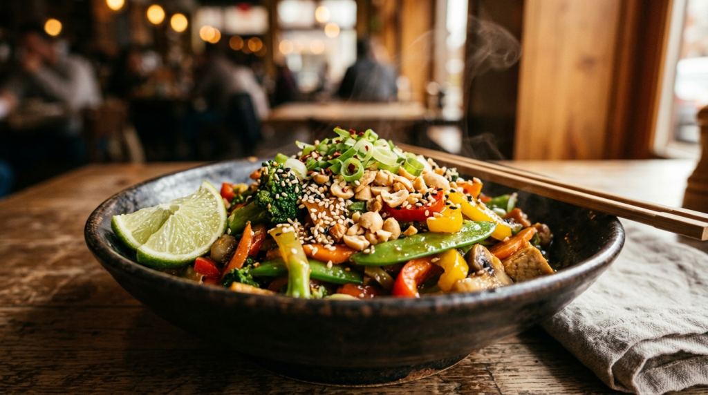 Healthy veggie stir fry with peanut sauce topped with sesame seeds, crushed peanuts, green onions, and lime wedges in moody lighting